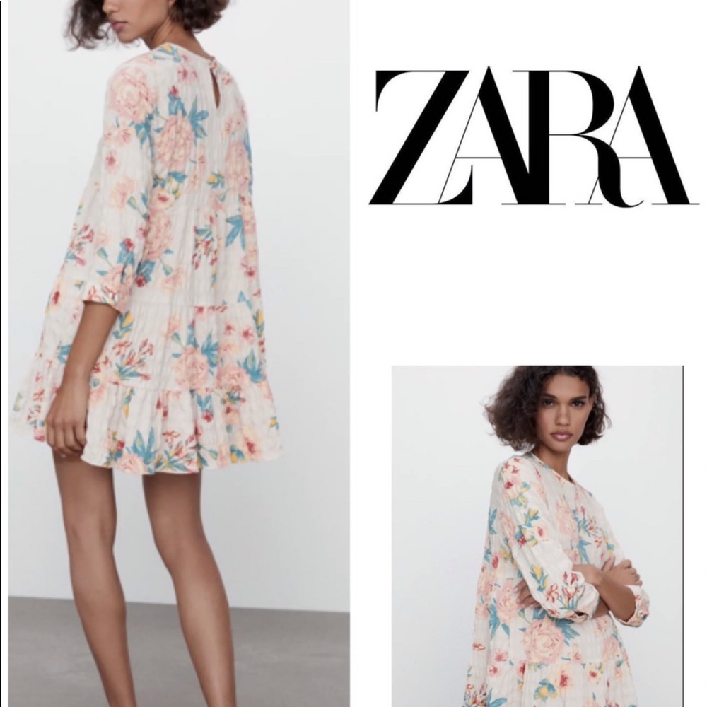ZARA SS21 Floral Long sleeve Smock Dress ecru